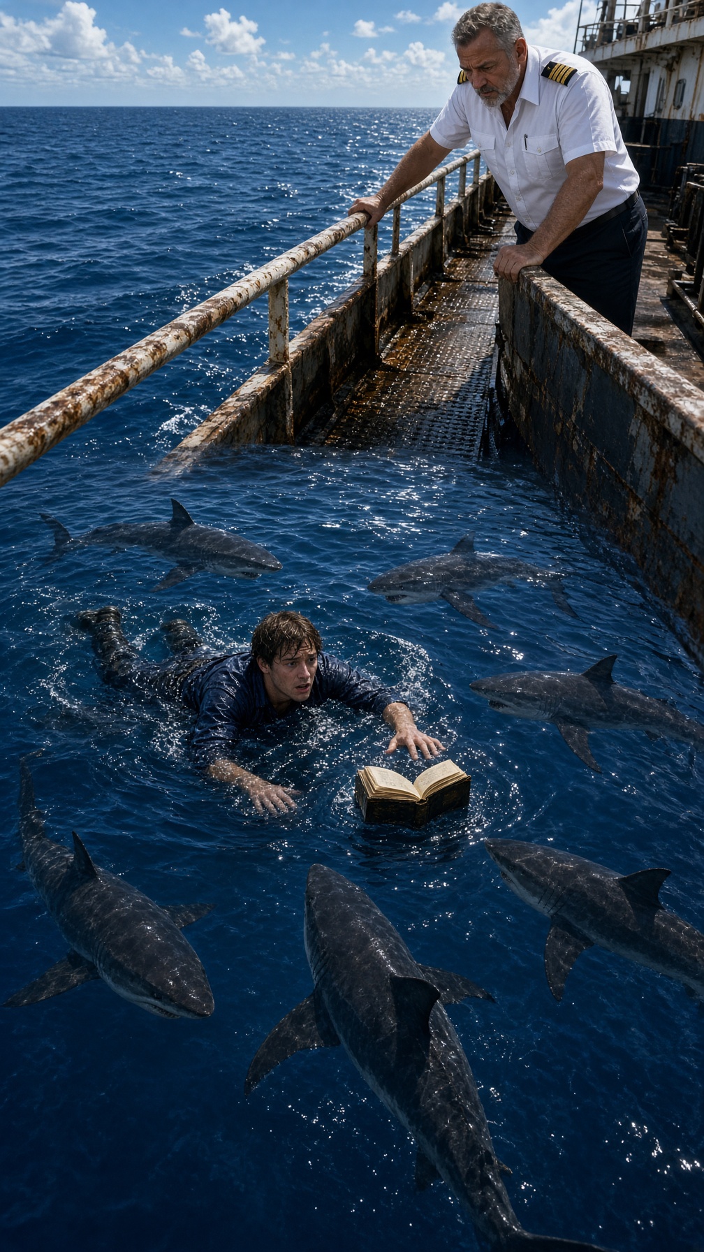 Full Story-THE CAPTAIN THREW HIS SAILOR’S LATE FATHER’S BOOK INTO THE OCEAN—BUT WHEN THE YOUNG MAN JUMPED AMONG THE SHARKS AND SHOUTED, “YOUR NAME IS IN HERE!” THE CAPTAIN TURNED PALE