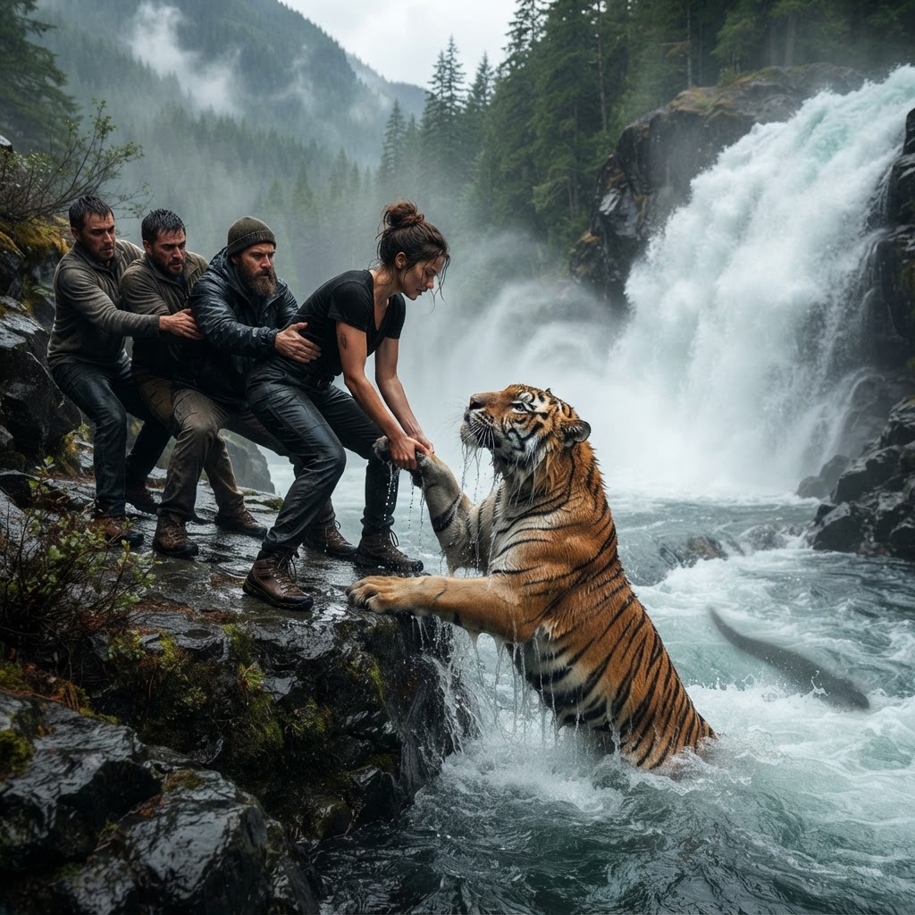 UN PUEBLO CORRIÓ A SALVAR A UN TIGRE COLGADO SOBRE LA CASCADA… PERO NADIE VIO LO QUE LO ESPERABA BAJO EL AGUA