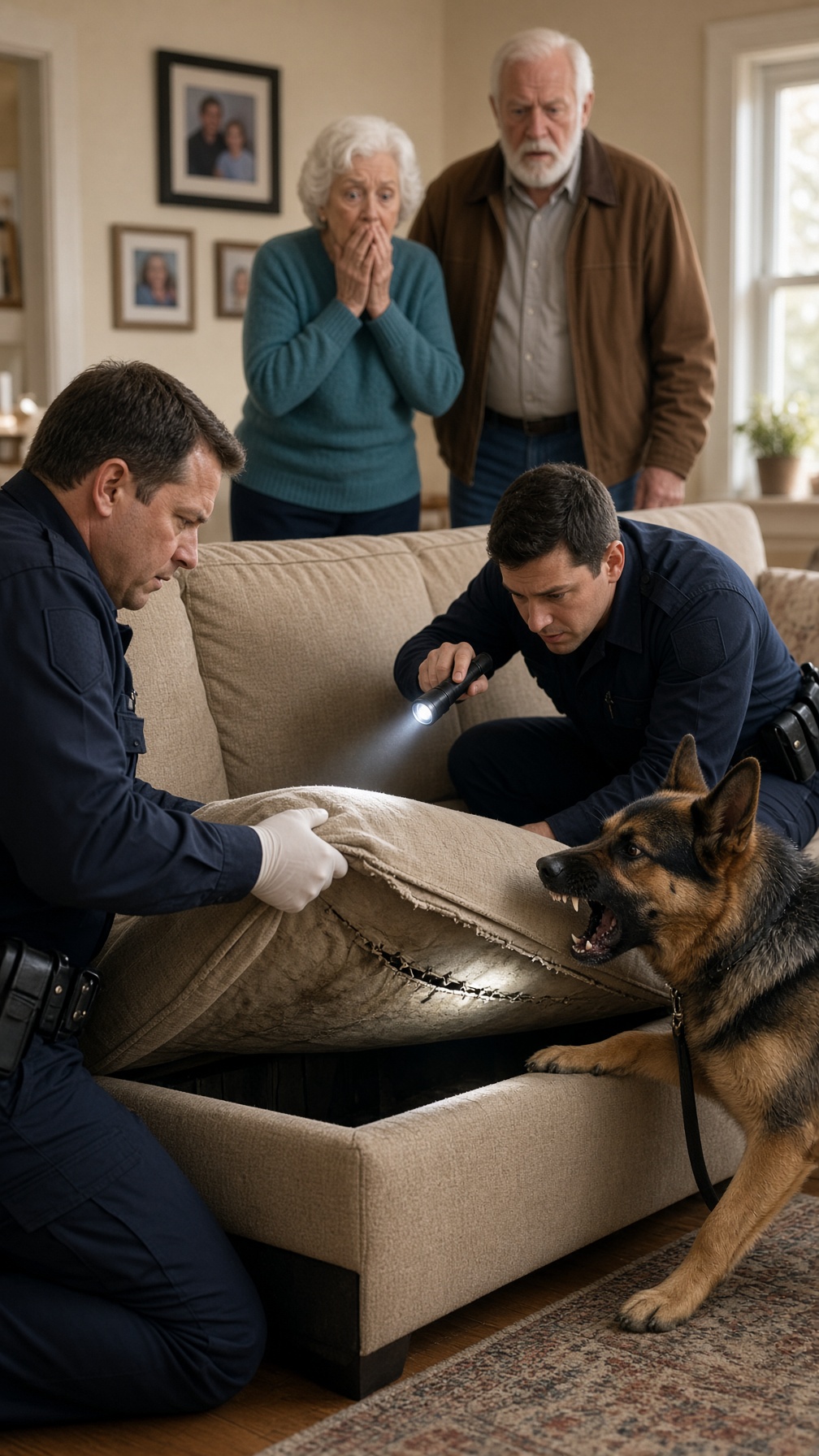 Full Story-THE COUPLE CALLED POLICE AFTER THREE KNOCKS CAME FROM INSIDE THEIR COUCH—BUT WHEN THE K9 STARTED BARKING AND OFFICERS CUT OPEN THE UPHOLSTERY, CARMEN WHISPERED, “MANUEL… THAT CAN’T BE IN THERE”