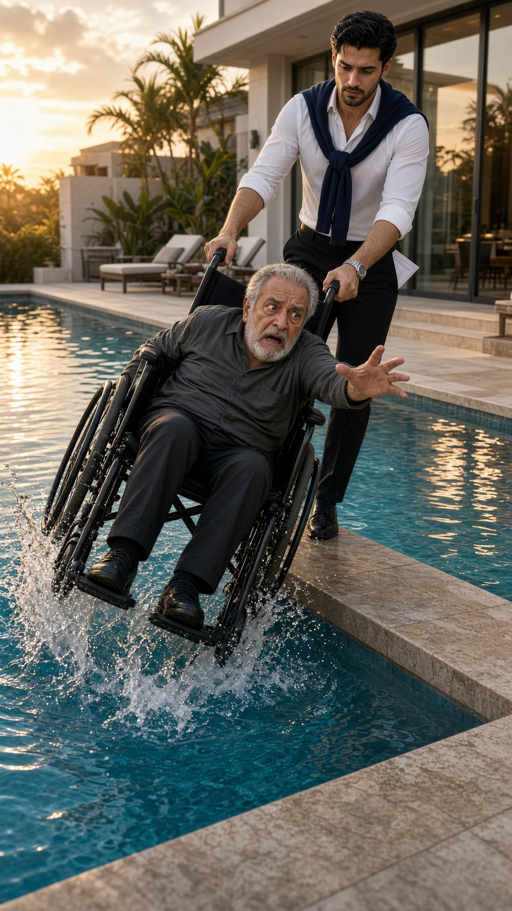 Full Story-HIS SON PUSHED HIS WHEELCHAIR INTO THE POOL TO INHERIT EVERYTHING… BUT AS HE WALKED AWAY, A HAND ROSE FROM THE WATER HOLDING THE EVIDENCE THAT COULD DESTROY HIM