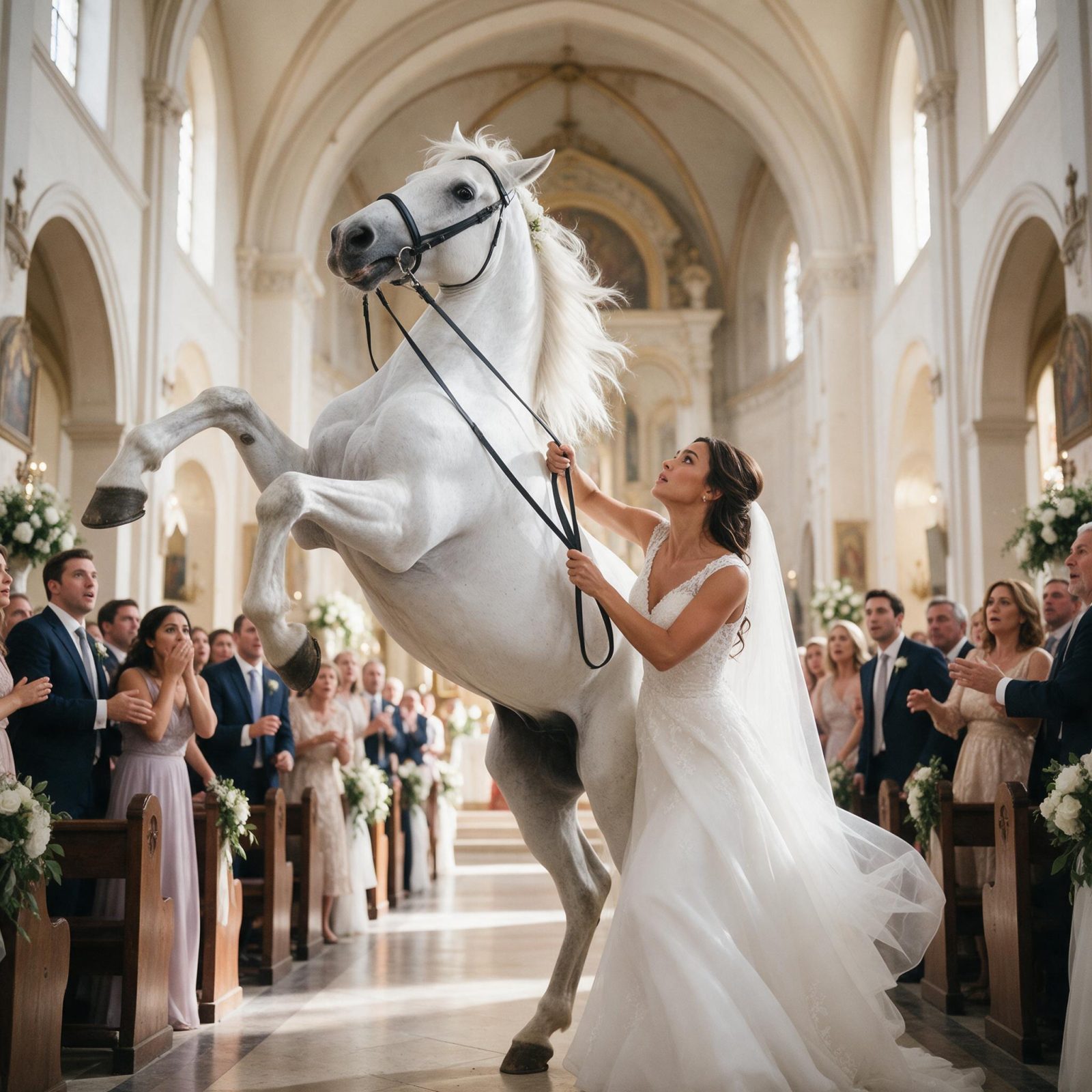 EL CABALLO BLANCO ENTRÓ EN LA IGLESIA Y BLOQUEÓ EL ALTAR… PERO CUANDO LA NOVIA VIO LAS RIENDAS, SUSURRÓ: «NO LAS TOQUES»