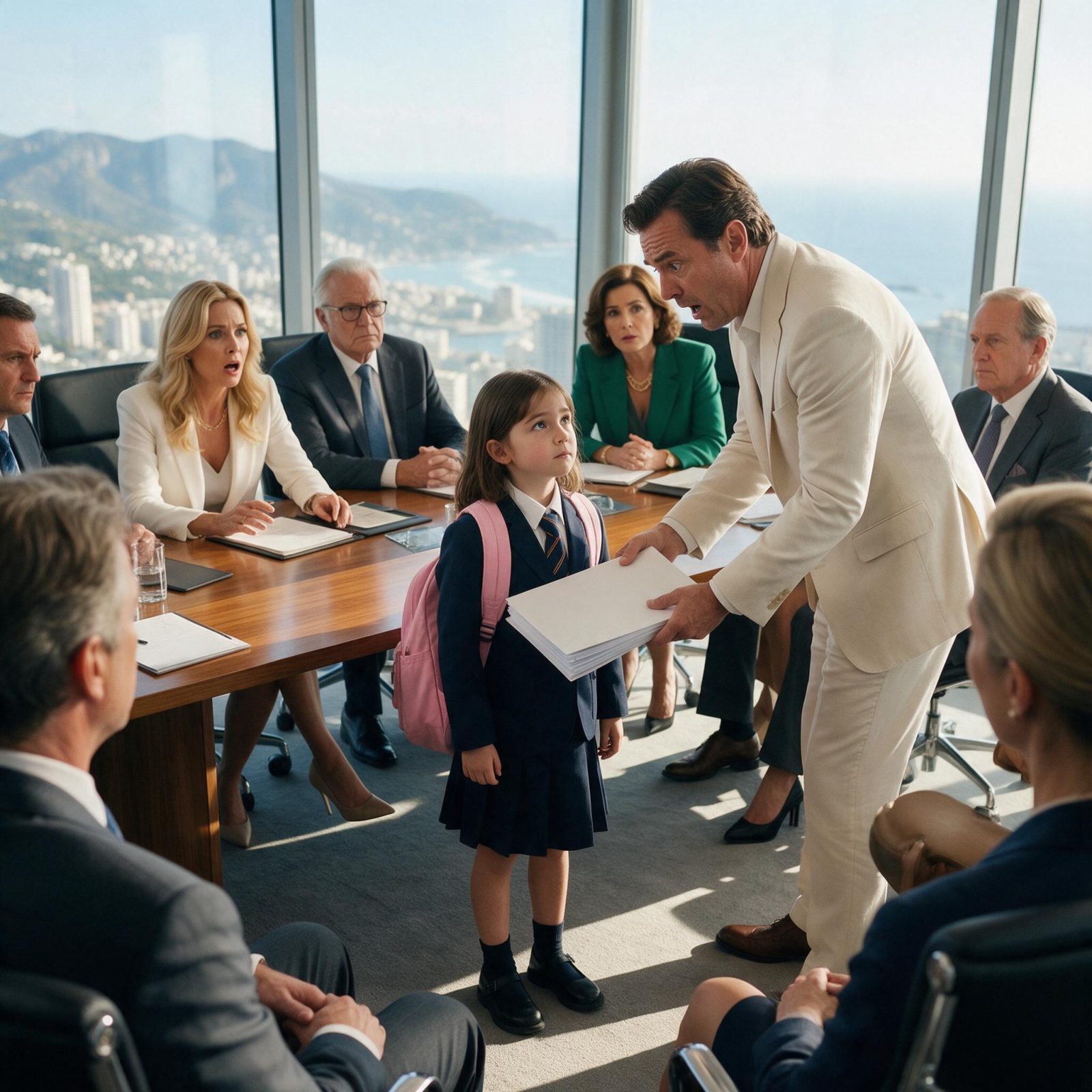 LA NIÑA ENTRÓ A LA SALA DE JUNTAS CON SU MOCHILA ROSA… Y CUANDO VIO EL CONTRATO SUSURRÓ: «ESTÁN FIRMANDO EL PAPEL EQUIVOCADO»