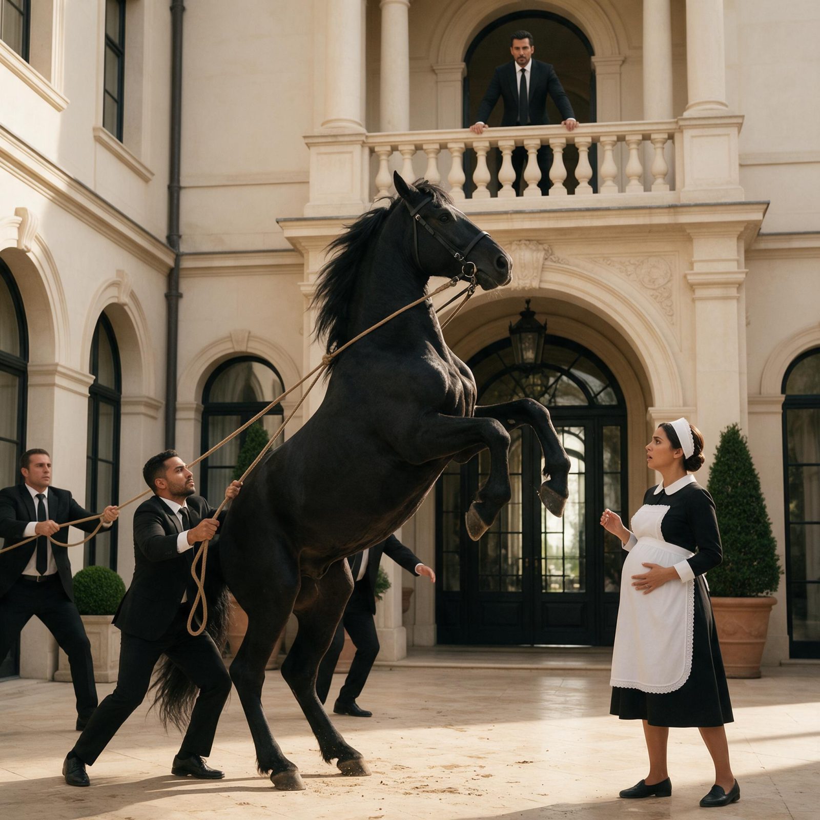 EL CABALLO NEGRO SE VOLVIÓ SALVAJE FRENTE A LA CRIADA EMBARAZADA… HASTA QUE EL DUEÑO MIRÓ DESDE EL BALCÓN Y GRITÓ: «¡SOLTAD LAS CUERDAS!»