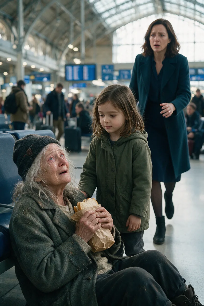 UNA NIÑA LE DIO SU BOCADILLO A UNA ANCIANA EN LA ESTACIÓN… SU MADRE CORRIÓ PARA APARTARLA, PERO AL VERLE EL ROSTRO SUSURRÓ: «MAMÁ… ¿ERES TÚ?»