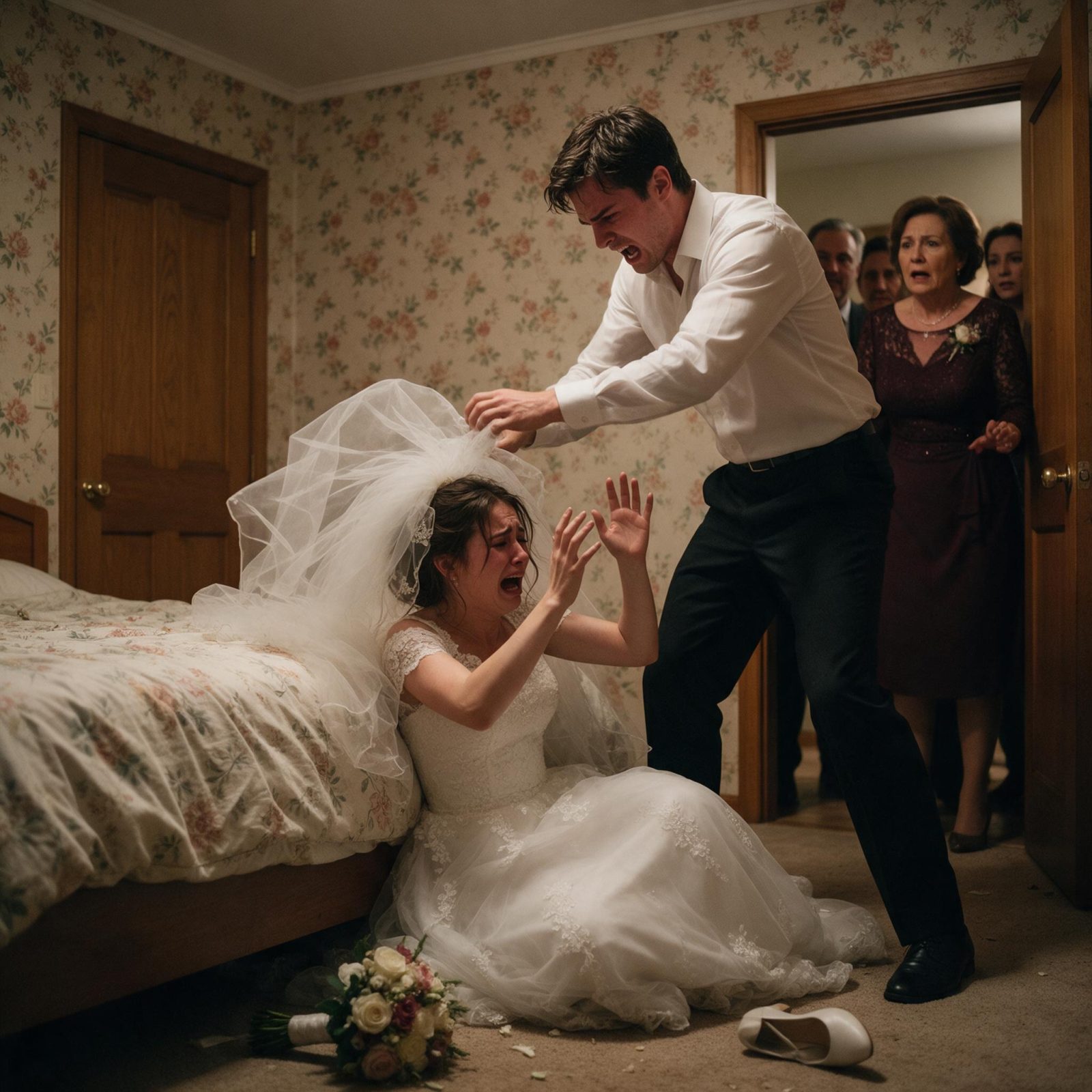 EL NOVIO ARRASTRÓ A LA NOVIA AL SUELO EN LA NOCHE DE BODAS… PERO SU MADRE VIO ALGO EN EL VELO Y GRITÓ: «NO VUELVAS A TOCARLA»