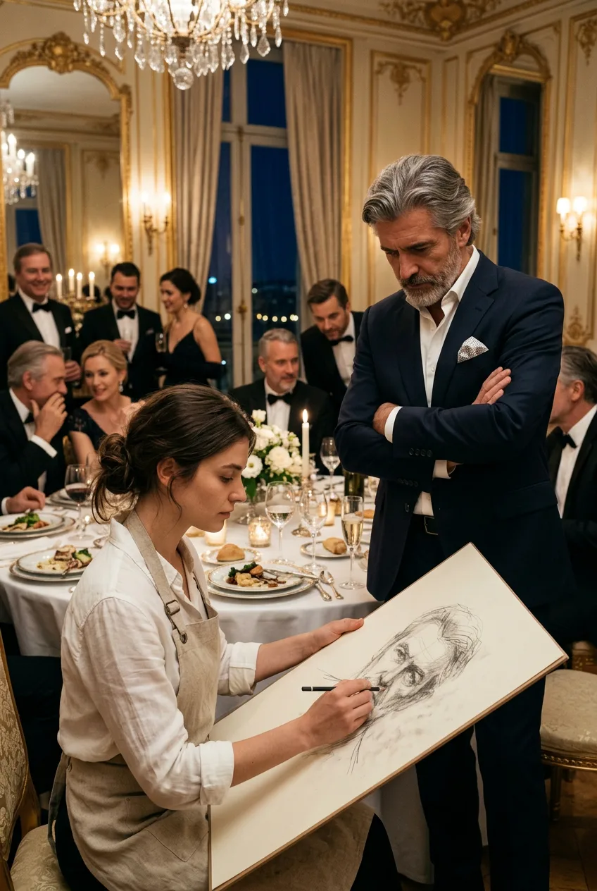 EL MILLONARIO SE BURLÓ DE LA CAMARERA QUE LO DIBUJABA EN SU GALA… PERO ELLA SUSURRÓ: «NO ESTOY RETRATANDO AL HOMBRE DE HOY»