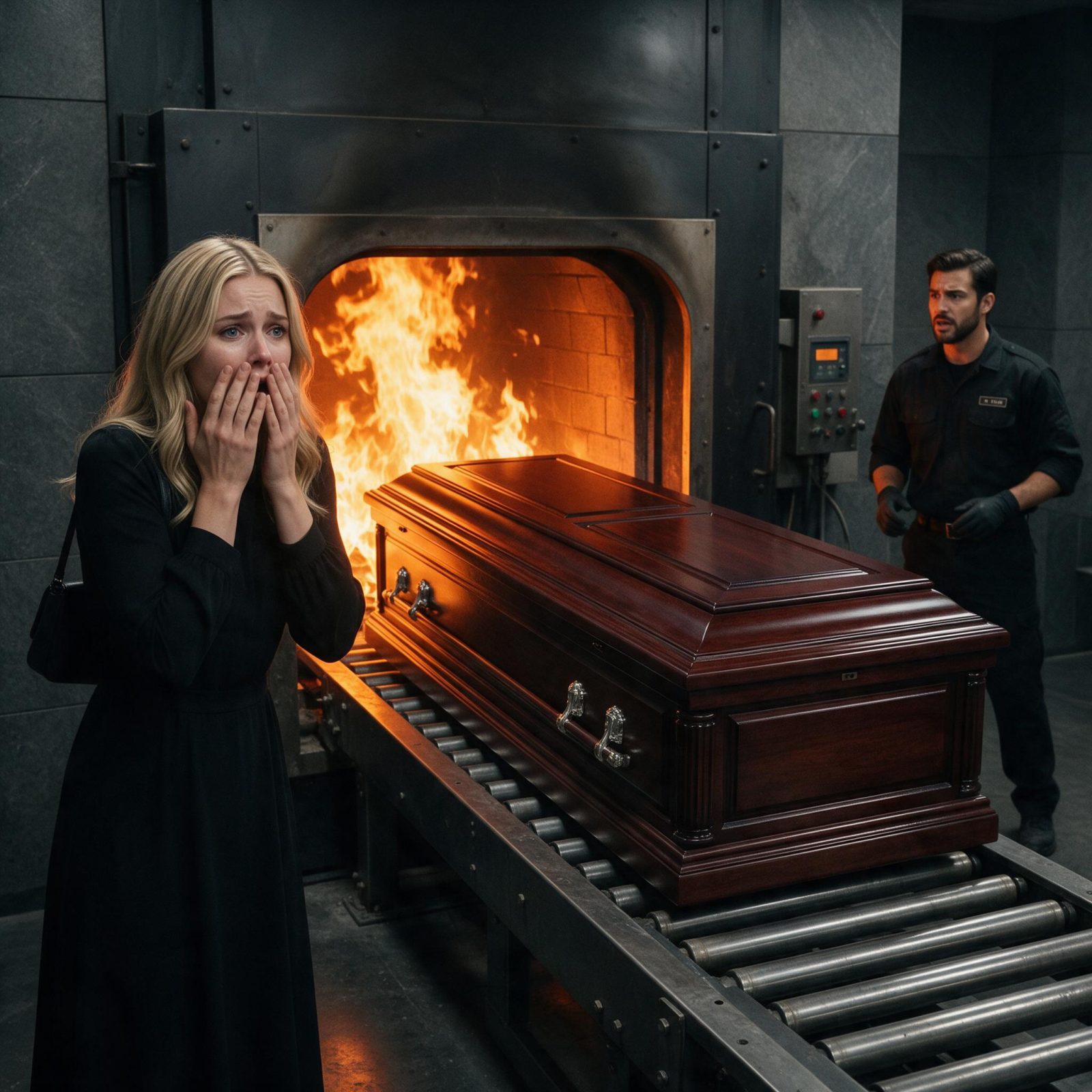 CLARA VIO EL ATAÚD ENTRAR AL HORNO… PERO AL NOTAR UNA MARCA EN LA MADERA GRITÓ: «¡PARE LA MÁQUINA AHORA!»