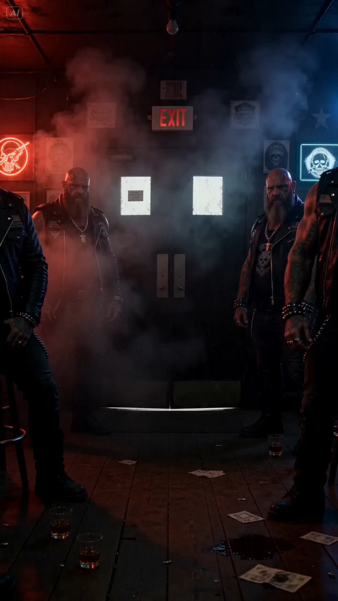 The biker bar was loud with rough laughter, boots on old wood, and the heavy smell of smoke and leather.