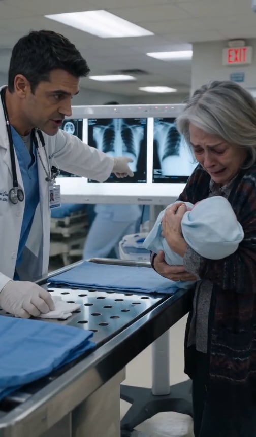 My two-month-old grandson was crying harder than usual. “He’s just fussy,” my daughter-in-law said casually. But something felt wrong. I gently lifted his shirt—and my heart stopped. His tiny back was covered in dark bruises. At the ER, the doctor’s voice turned cold: “There’s a healing rib fracture.” I felt the world spin… until he added quietly, “You need to hurry—police just found their car abandoned at the airport.”