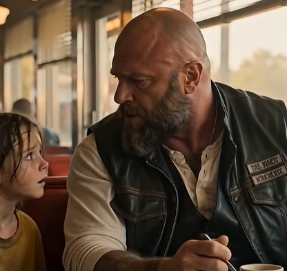 PART 2: The little girl appeared beside the biker’s booth so quietly that he didn’t notice her until a tiny hand tugged at the edge of his leather vest.