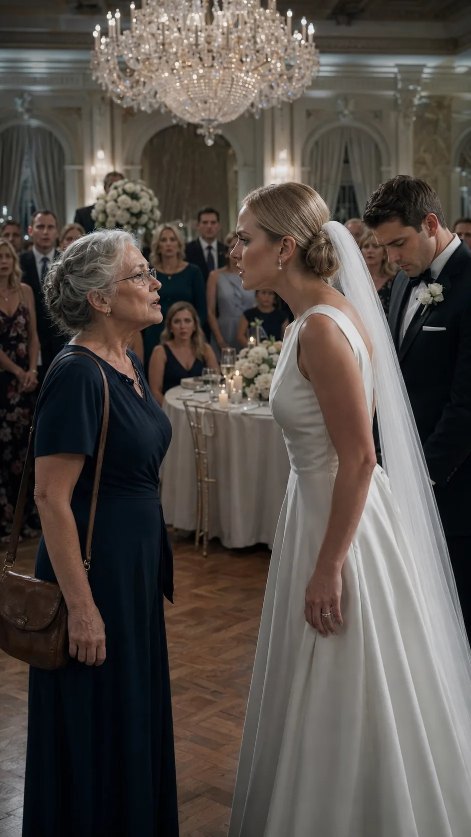 PART 1 — THE SLAP THAT BROKE MORE THAN HER GLASSES UNDER THE WEDDING CHANDELIER WHILE HER SON LOOKED DOWN