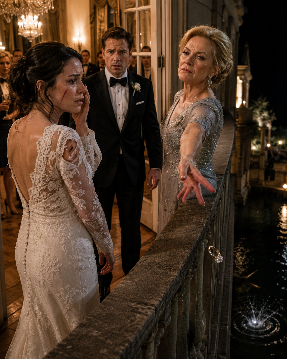 At my own wedding reception, my mother-in-law tore my dress, cut my cheek with her ring, and threw my dead mother’s diamond ring into the reflecting pool below the balcony. The ballroom laughed at first, soft and careful, because rich people rarely join cruelty loudly until they know it is safe. What Victoria Sterling did not know was that the ring she called a “cheap family trinket” was the only physical key tied to records her family had spent twenty years trying to bury.  That was when I realized she had not destroyed my last piece of my mother — she had finally touched the one thing she should have feared.
