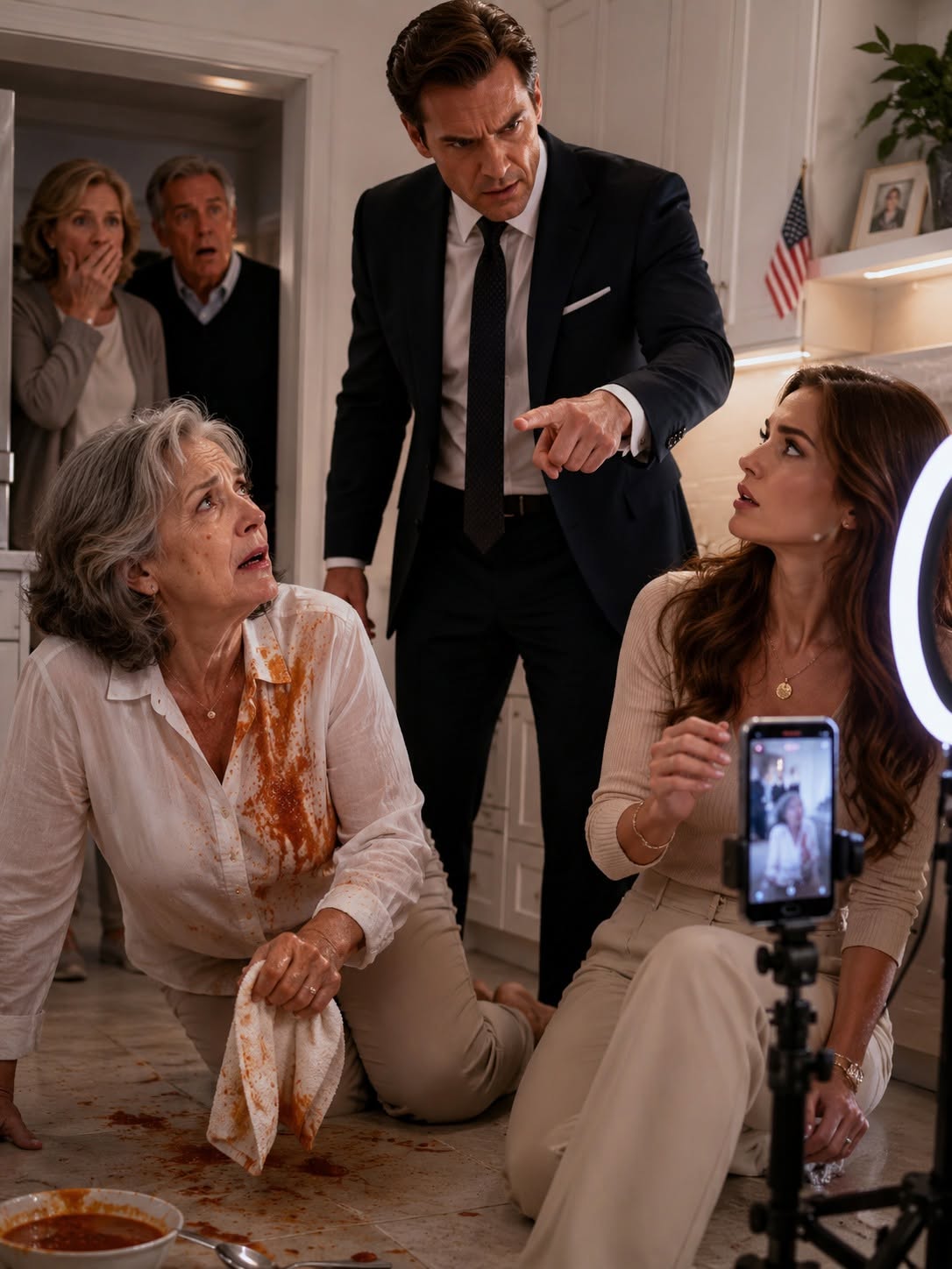 During her livestream, my influencer daughter-in-law splashed hot tomato soup across my blouse and laughed like humiliating a 68-year-old woman was entertainment. Her family told me to ‘relax’ because it was only a joke. Then my millionaire son walked in, looked at the phone, looked at me on the floor, and said three quiet words that made every smile in that kitchen disappear.