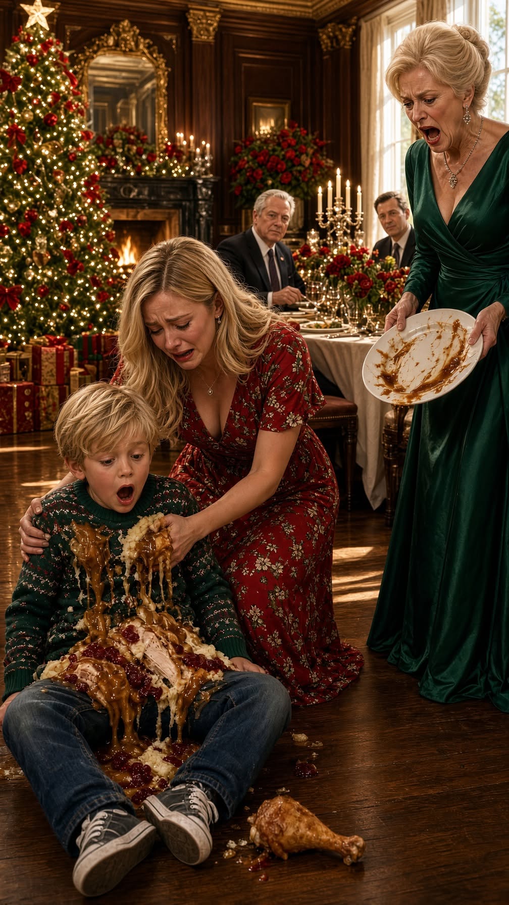 My mother grabbed my son’s plate and dumped it into his lap in the middle of Christmas dinner. My brother stood up and said, “Get out and never come back.” My father sat in silence, staring at us with pure contempt. I didn’t beg. I just said, “Then you won’t mind if I do this.” Thirty minutes later, their world fell apart.