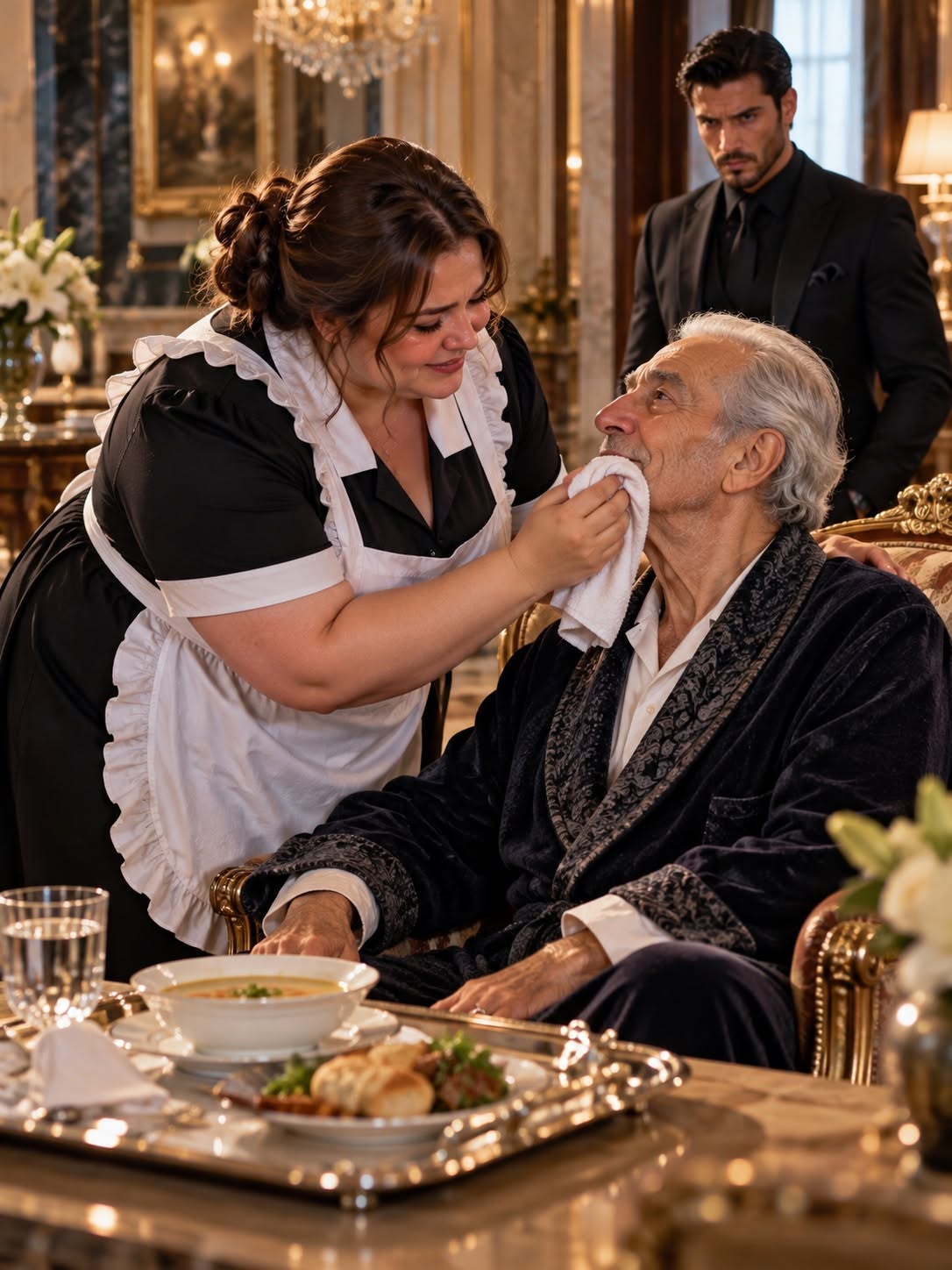 THE PLUS-SIZE MAID TREATED THE IGNORED OLD MAN LIKE ROYALTY—UNAWARE HE WAS THE MAFIA BOSS’S FATHER! WHEN THE CHIEF HOUSEKEEPER KNOCKED HER TO HER KNEES, THE DON DEMANDED RETRIBUTION!