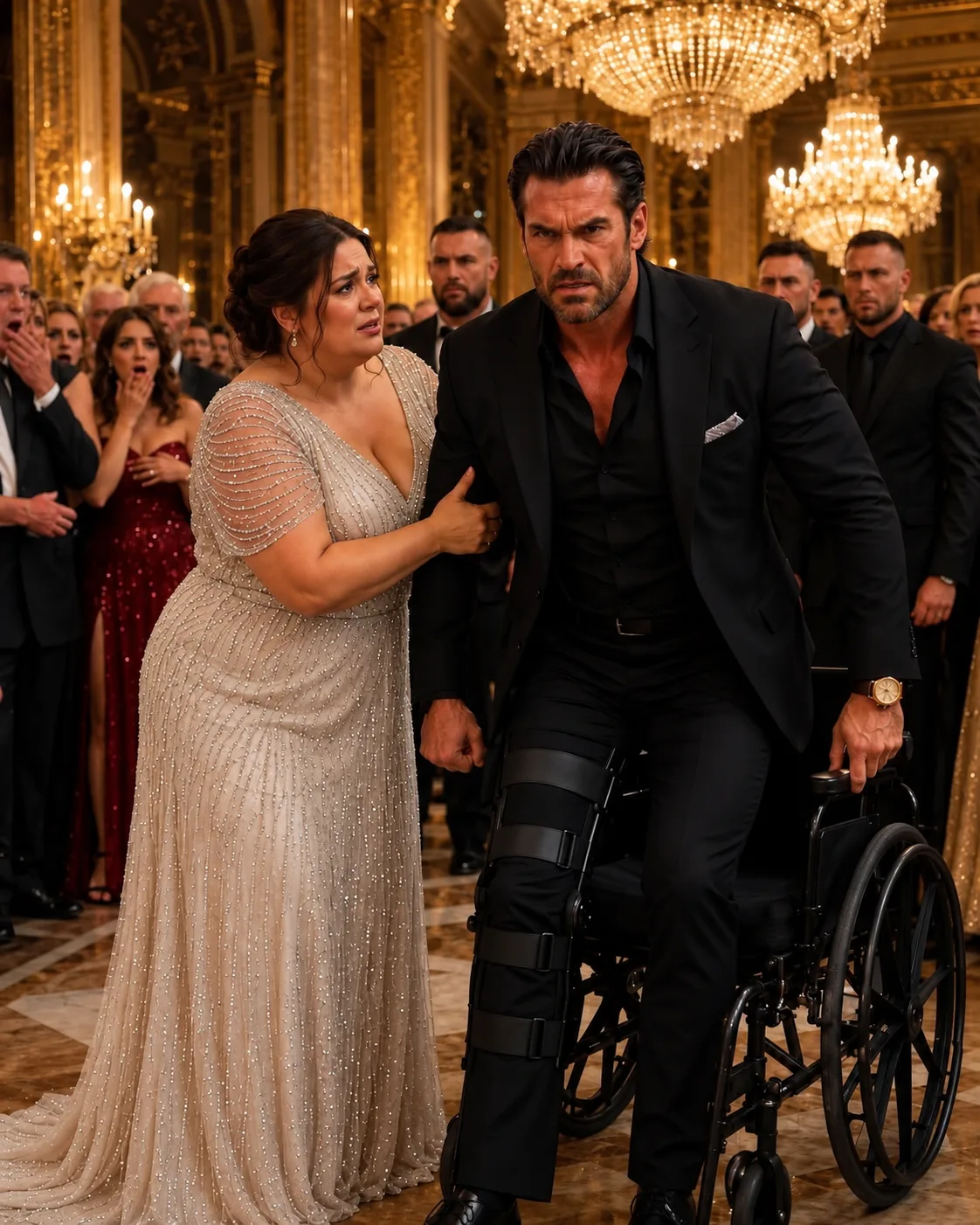 EVERYONE IGNORED THE WHEELCHAIR-BOUND MAFIA BOSS’S PAIN—UNTIL THE CURVY WOMAN NOBODY INTRODUCED CROSSED THE BALLROOM, TOUCHED HIS BROKEN BRACE, AND EXPOSED THE FAMILY MEMBER WHO NEEDED HIM TO NEVER WALK AGAIN