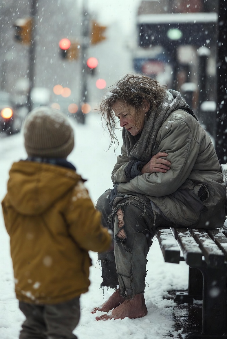 The Little Girl Offered Her Lunch to a Homeless Woman in the Snow… Then Her Father Realized He Was Looking at the Wife He Thought He Lost Forever