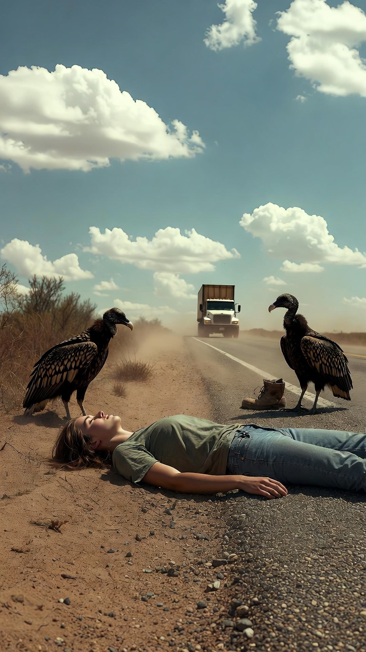 THE TRUCK DRIVER SAW VULTURES SURROUNDING A BODY ON A DESERT HIGHWAY… THEN HE REALIZED SHE WAS STILL ALIVE