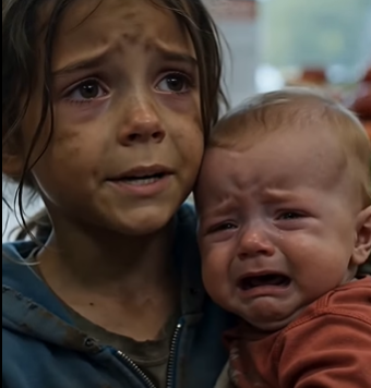The little girl stood near the grocery store doors with a baby on one hip and a carton of milk clutched in her shaking hand.