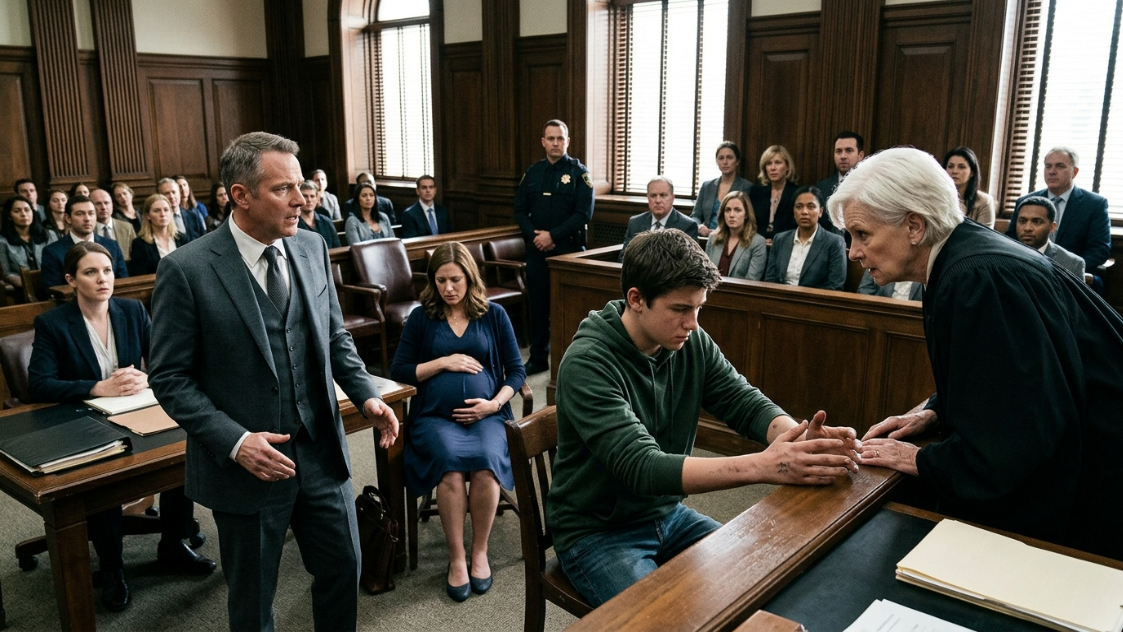 “Take him down!” — A savage lawyer slapped his pregnant wife in court, but the judge stopped dead when he saw their 16-year-old son’s hands…