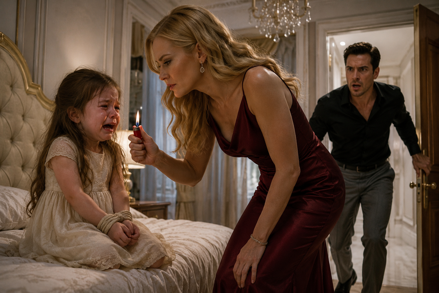 A 4-year-old girl sat trembling on the edge of her bed, her tiny wrists bound together and tears pouring down her cheeks.
