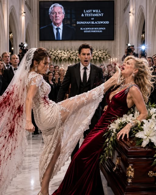 “At my billionaire father-in-law’s funeral, my husband arrived with my best friend—and she poured red wine over my white mourning veil. Then his dead father appeared on the cathedral screen.”
