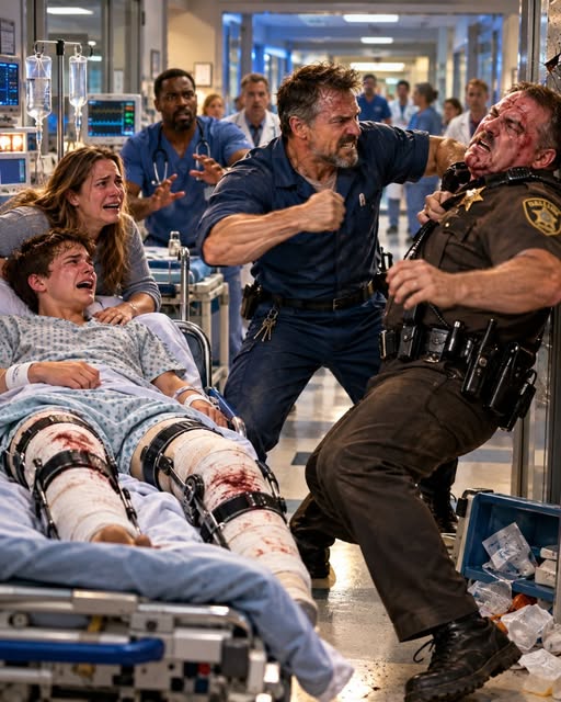 A corrupt Sheriff shot my 17-year-old son, permanently destroying both his kneecaps. "Shouldn't have looked at me wrong, boy," the cop laughed, protected by his union. I rushed into the ER in my cheap janitor uniform. My son wept, "Dad, I'll never walk again." I didn't scream or cry. The arrogant Sheriff thought he had just ruined a powerless janitor's family. I pulled out my phone and called my old team. That was the moment his nightmare began.
