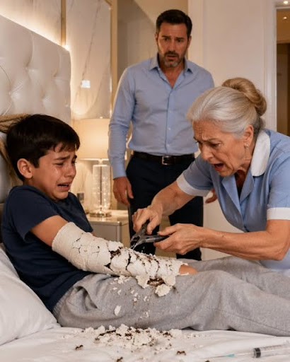 The boy banged his cast against the wall, screaming, “They’re biting me!” while his father called him crazy and his stepmother demanded he be committed. The nanny remained silent, grabbed a pair of pliers from the garage, and broke the cast in front of everyone… never imagining that a hidden syringe would explain the horror.