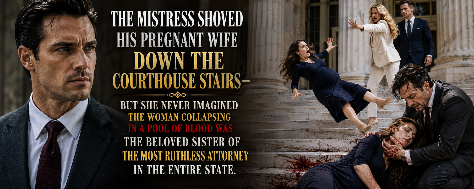 The mistress shoved his eight-month pregnant wife down the courthouse steps—but she never imagined the woman collapsing in a pool of blood was the beloved sister of the most ruthless attorney in the entire state.