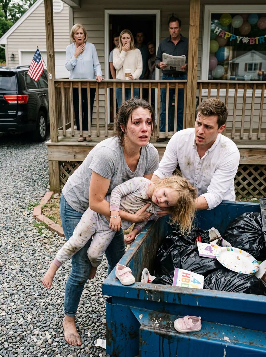 "Right before my engagement party, my parents and sister THREW MY 4-YEAR-OLD DAUGHTER INTO A TRASH CAN to make room for their “PERFECT” NIECE’S BIRTHDAY CELEBRATION. I thought they just resented my child… until the lid opened and what I saw exposed a HORRIFYING FAMILY SECRET. By the end of the night, the party was ruined — and my entire family was heading toward JAIL.