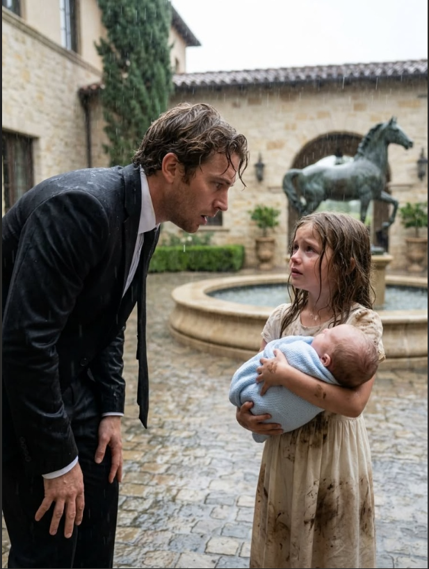 “Sir, I found your son beside the dumpster outside your mansion,” a soaking wet little girl said as she held a baby wrapped inside a black trash bag. The billionaire, who had been declared sterile twelve years earlier, didn't panic. He opened the letter taped to the baby's blanket and called his attorney, never realizing the traitor was already inside his own home.