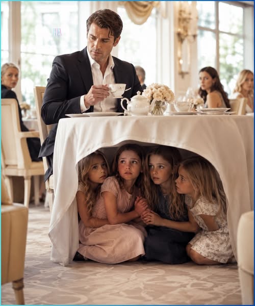 A Single Dad Was Having Tea Alone When Four Terrified Girls Crawled Under His Table and Begged Him to Pretend He Was Their Father The first little girl appeared beneath Daniel Carter’s table so quietly that he thought he had imagined her.