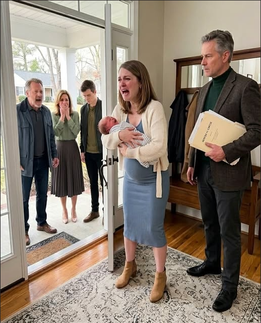 At family dinner, I cried, “My contractions have started!” Dad snapped, “Call emergency services and stop disturbing us.” Nobody moved to help me. A week later, my parents showed up smiling, saying, “We’re here to meet our grandchild.” I replied, “You abandoned us that night.” Then the man behind me opened the door—and Dad went pale.