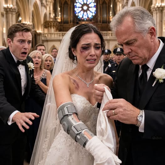 My daughter arrived at the altar wearing long gloves in July. When she reached for my hand, I felt the hard edge of a medical brace beneath the fabric. Her fiancé leaned close and warned, “Say nothing.” I looked at the bruise near her collar and replied, “You should have warned your father.” Then six military officers stood from the back row.