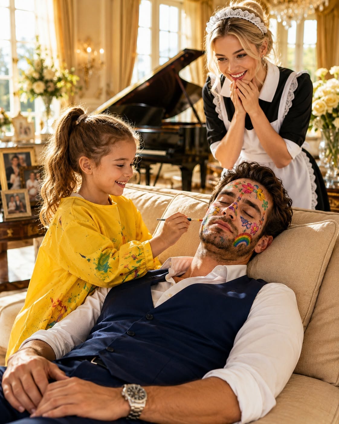 The mafia boss pretended to be asleep to test his housekeeper’s little girl—but when I opened my eyes, my face was covered in paint, and my heart was the thing that broke. I thought I was about to expose another lie, the way a lifetime of betrayal had taught me to do. Instead, a three-year-old girl held a tiny paintbrush and uncovered the truth I had spent years burying beneath fear, power, and silence.