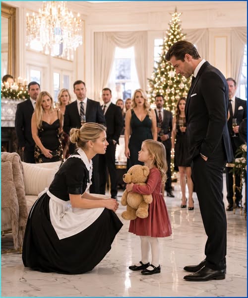 The Maid’s Toddler Whispered She Was Waiting for Her Mom on Christmas, and the Teddy Bear in Her Arms Made a Billionaire Stop the Entire Party “I’m waiting for my mom.”