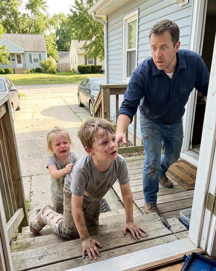 My six-year-old nephew dragged his broken leg across seven blocks of pavement to reach my porch, with his starving three-year-old sister clinging to his shirt. I was fixing a loose hinge when I heard scraping on the steps and turned to see Drew crawling toward me, pale, shaking, and whispering, “She locked us downstairs again.” I called 911 before I even understood the whole story. But when he told me about Reena’s punishment room, I knew my brother had died believing a terrible lie.