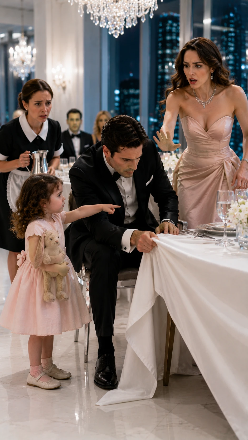 The Maid’s Little Girl Whispered, “Look Under the Table, Sir,” and the Billionaire CEO Froze. What Marcus Found Beneath His Fiancée’s Chair Changed Every Life in the Room Forever.** The Billionaire CEO’s Fiancée Mocked the Maid’s Little Girl at Dinner—Until the Child Whispered, “Look Under the Table, Sir”