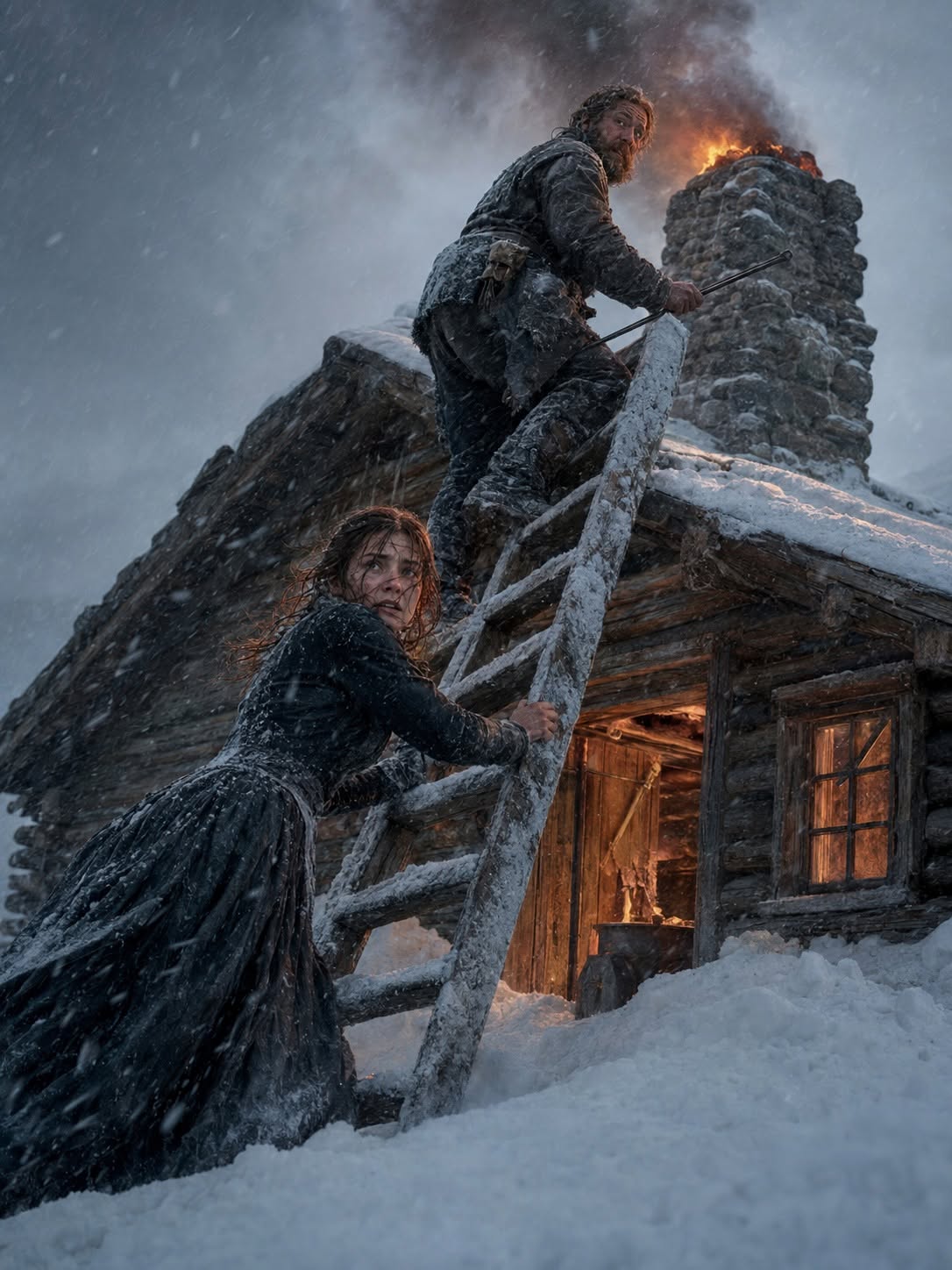 The Montana Trapper Expected a Cold Marriage With a Fragile Bride—But When Clara Anchored His Ladder in a Killing Whiteout, Nearly Froze Saving Their Cabin, and Still Laughed Through the Soot, Henry Realized the Woman He Had Hired to Survive Winter Was Teaching Him How to Live Again  Clara Mercer threw herself against the ladder as the Montana wind tried to tear it away from the cabin.