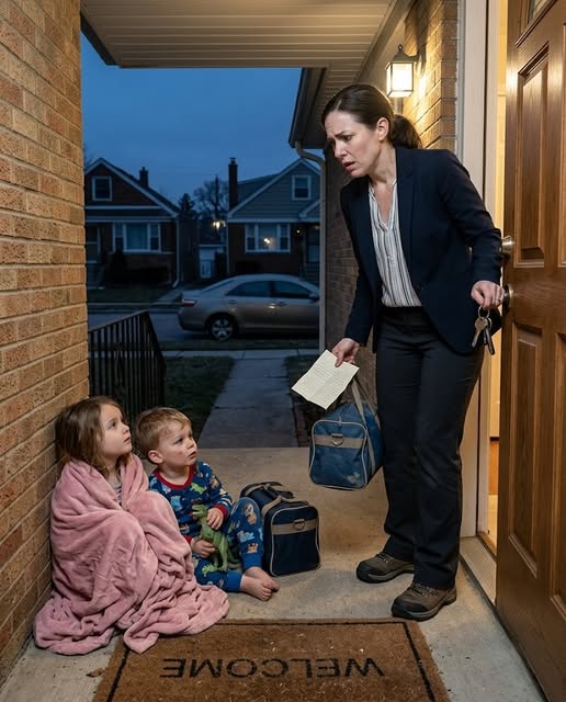 Before dawn, I found my sister's four-year-old daughter and two-year-old son beside my welcome mat. Her note said she would pick them up when they turned 18. I called police, then the man who had saved the messages proving this was never an emergency. I stood there in my work shoes, keys still clenched in my hand, trying to understand why Emily was wrapped in a thin pink blanket and why Jack was gripping a plastic dinosaur like it was the only solid thing left in his world.
