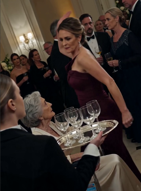 The slap never landed. A waitress caught the woman's wrist before it could. "I don't care who you are." "You don't hit someone who can't defend herself." The ballroom fell silent.