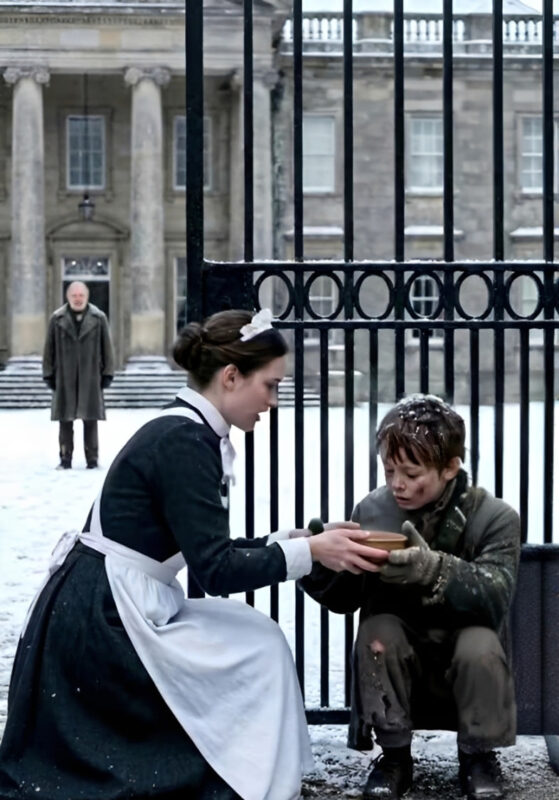A housemaid discreetly offered a meal to a starving boy she found outside the gates of a wealthy estate—never imagining what would happen when her billionaire employer appeared.
