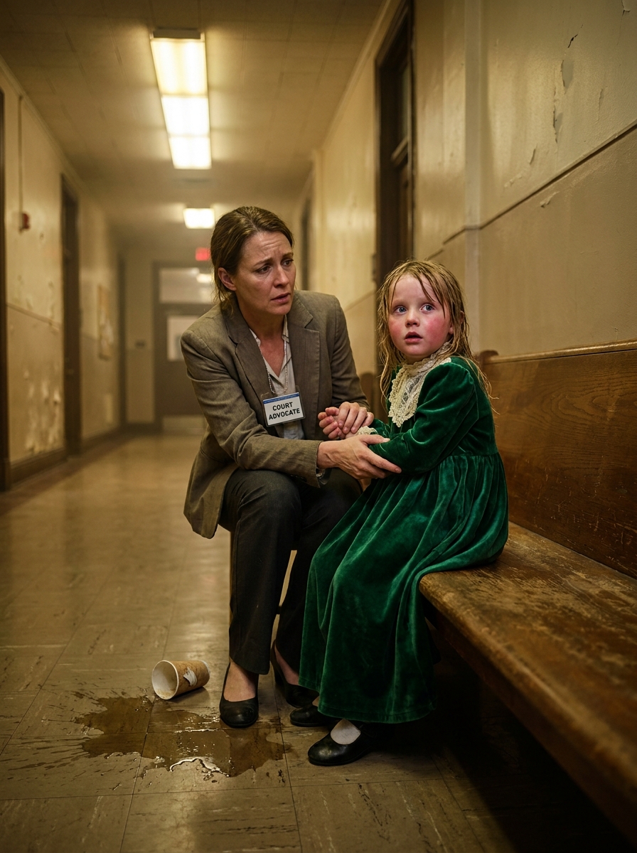 “Please, stop!” As a court advocate, I witnessed a 7-year-old standing in a sweltering 95-degree hallway, dressed in heavy velvet—the disturbing reality hidden beneath that moment was so horrifying it left me completely shattered.