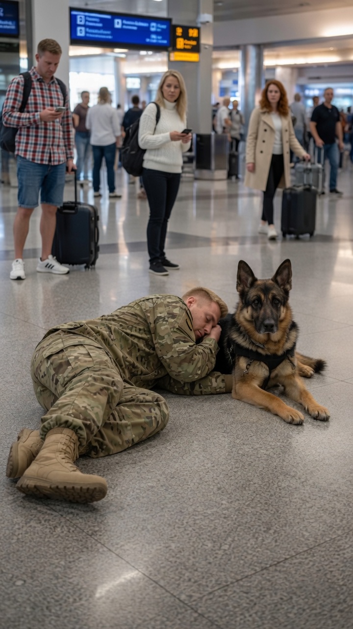 Soldier Collapses at Airport While His Loyal Dog Guards Him