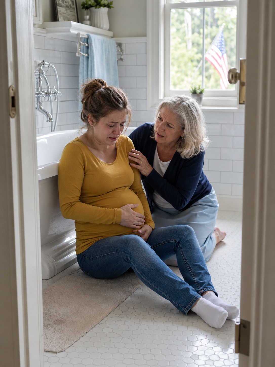 I Found My Seven-Months-Pregnant Granddaughter Curled on a Bathroom Floor with One Eye Swollen Shut and Her Hand Locked Over Her Belly, and When She Whispered, “It Was His Sister… She Said My Blood Doesn’t Belong in That Family,” I Didn’t Cry, Scream, or Call Her Husband First — I Called My Brother and Said, “It’s Time,” and Less Than an Hour Later He Was Flat on His Back Beneath My Truck Holding a Tiny Black Tracker Between Two Fingers While the Baby Kicked, the Road Went Quiet, and I Realized This Was Never Just Hatred… It Had Been A Plan All Along