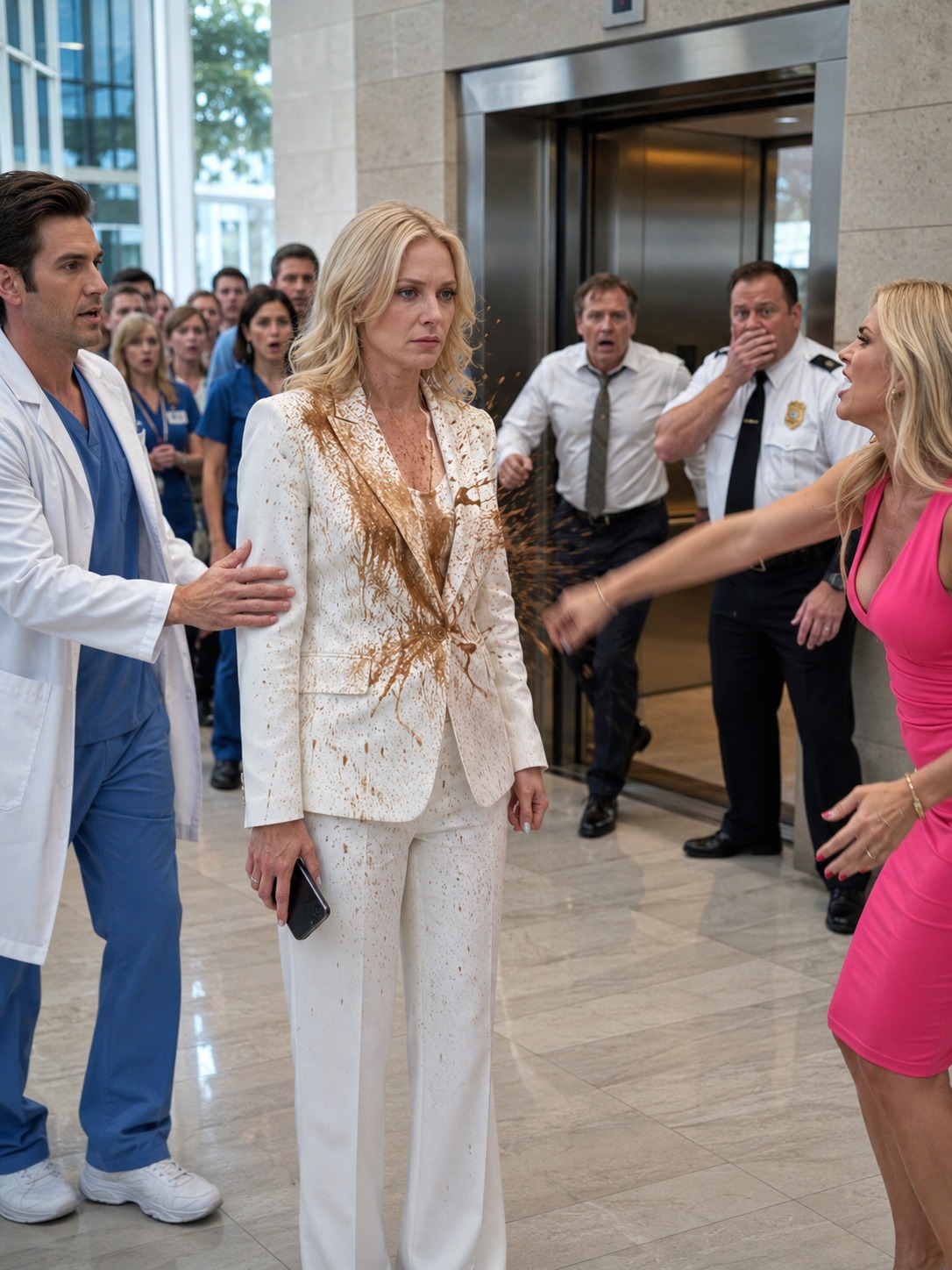 vf-I came home early from Germany and found a hospital intern throwing coffee on an elderly valet while claiming she was married to my CEO husband — but when I called Mark on speaker in the lobby, she finally learned whose hospital she was standing in