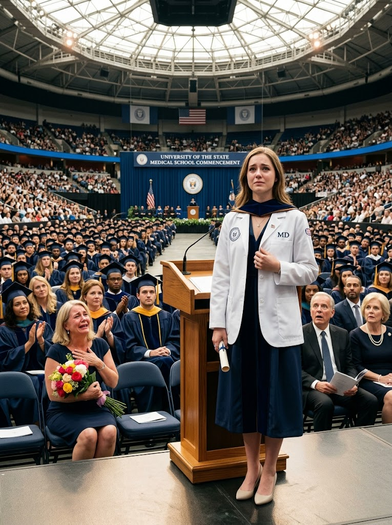 At my Johns Hopkins graduation, the parents who left me in a hospital took reserved seats and whispered, “she owes us this.” I just smoothed my white coat—then the dean read the name they had not expected