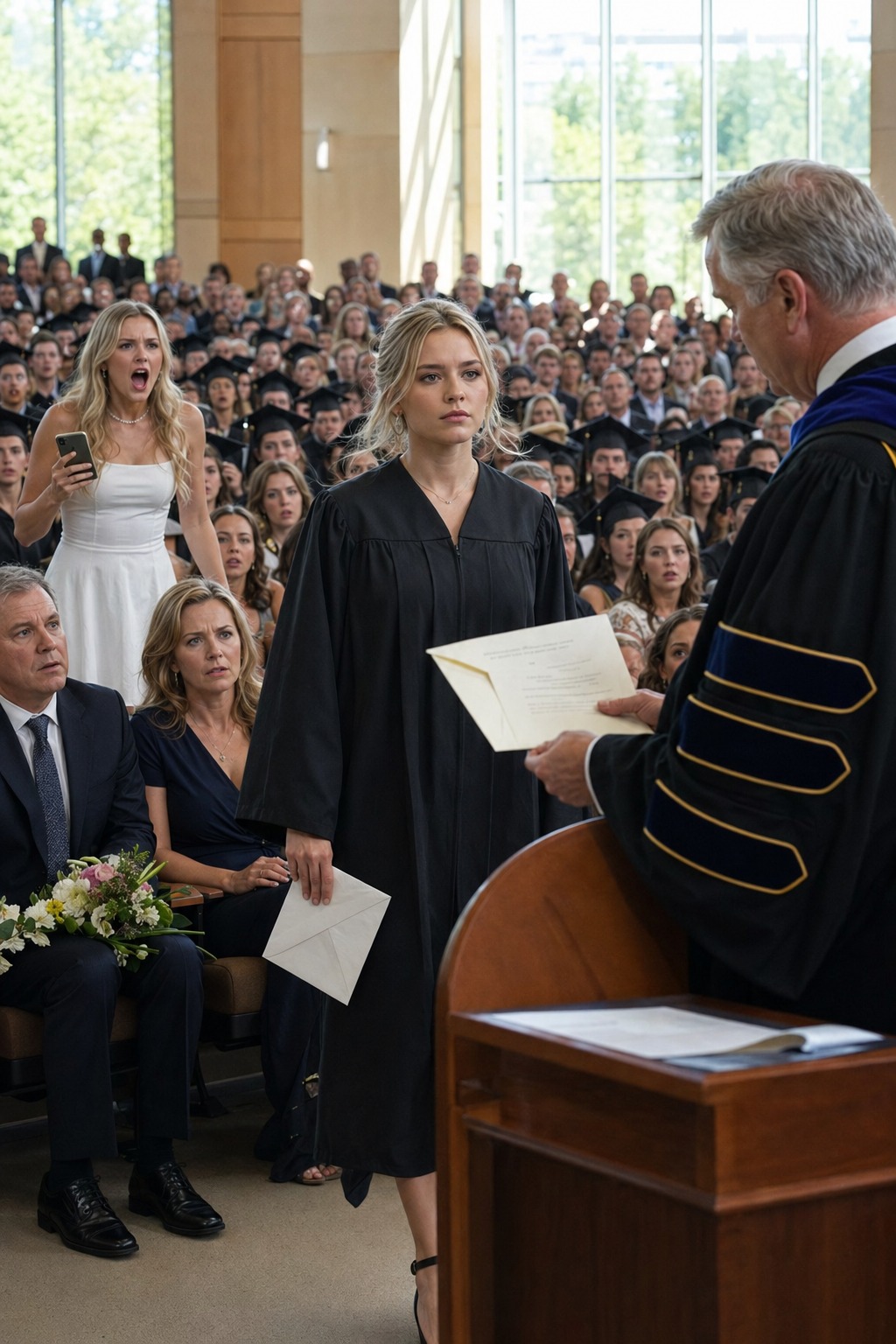 At my college graduation, my sister shot to her feet and screamed, “She cheated her way through school!” in front of the entire auditorium, but instead of stopping, I kept walking toward the stage with one sealed envelope hidden under my gown and a truth she never imagined I had finally learned how to carry in public.
