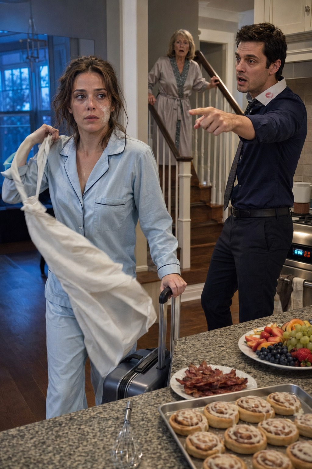 My husband came home at 4 a.m. smelling like whiskey and another woman’s perfume, pointed at me while I was baking breakfast for his entire family, and said, “Divorce” — so I folded my apron, grabbed the suitcase he thought I was panic-packing, and told him his mother’s cin