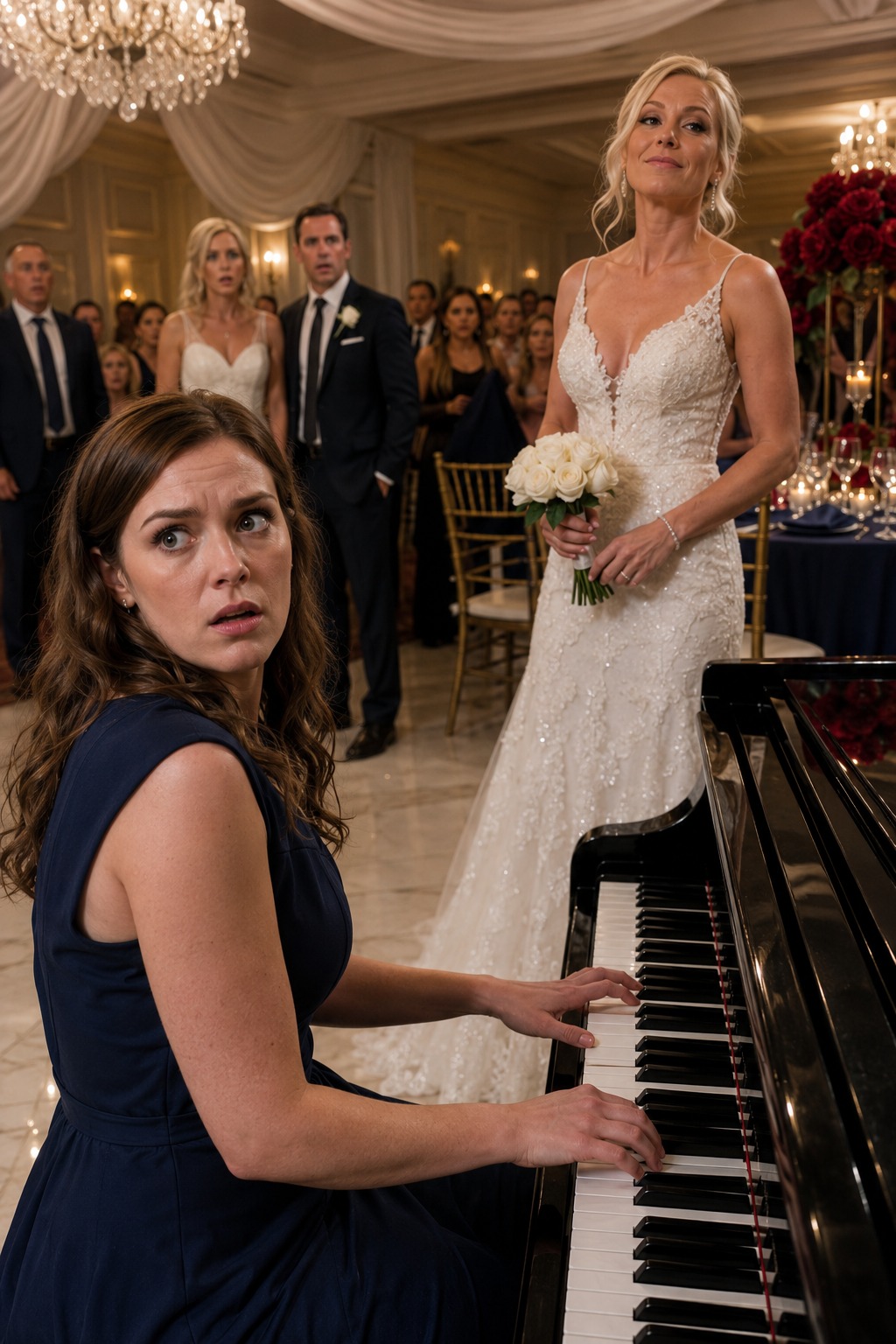 “Play the piano for us,” my brother’s bride smirked. “Or are high school graduates only good for serving drinks?” She was a prestigious music-college prodigy — and she thought I was nothing. Ten minutes later, I sat at the grand piano, her affair confession secretly recording on my phone, every executive in the room watching. When the last note faded, I pressed play on the speakers — and then the wedding exploded.